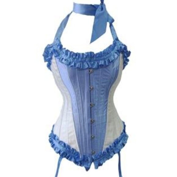 Blue Cream Ruffled Steel Boned Corset Set - NEW - Picture 1 of 13